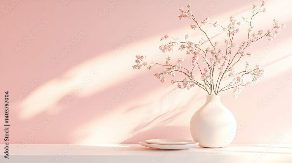 Poster soft pink background with delicate blooming branches in a vase casting gentle shadows, creating a se