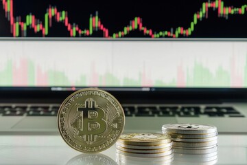 A Bitcoin coin is displayed prominently with stacked coins beside it, set against a laptop screen showing a cryptocurrency trading chart.