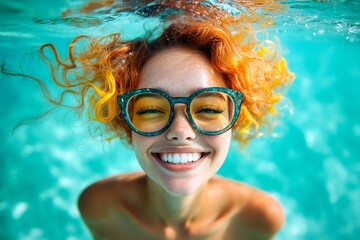 Fototapeta premium Stunning happy and sexy young woman with gorgeous thick short multi-color hair in yellow enjoying turquoise sea, splashes around her. Bright Ñommercial style. Happy tropical holiday.