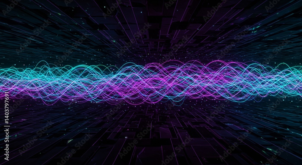 Poster abstract neon waveforms - vibrant teal and purple neon waveforms flow across a dark, textured backgr