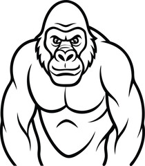Illustration of a Strong Gorilla Depicted in Black and White Outline

