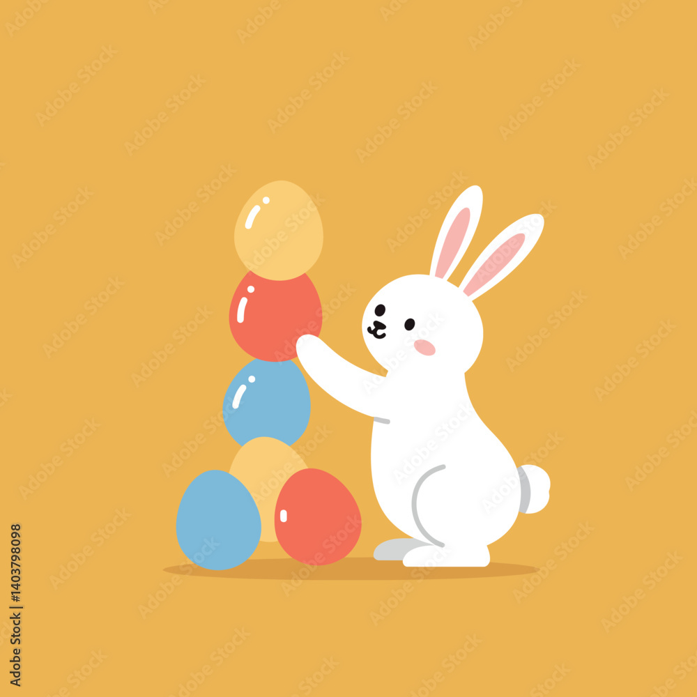 Poster cute rabbit stacking colorful eggs in a minimal flat design vector art