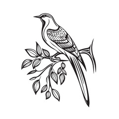 Illustration of a bird perched on a branch surrounded by leaves in a simple line art design