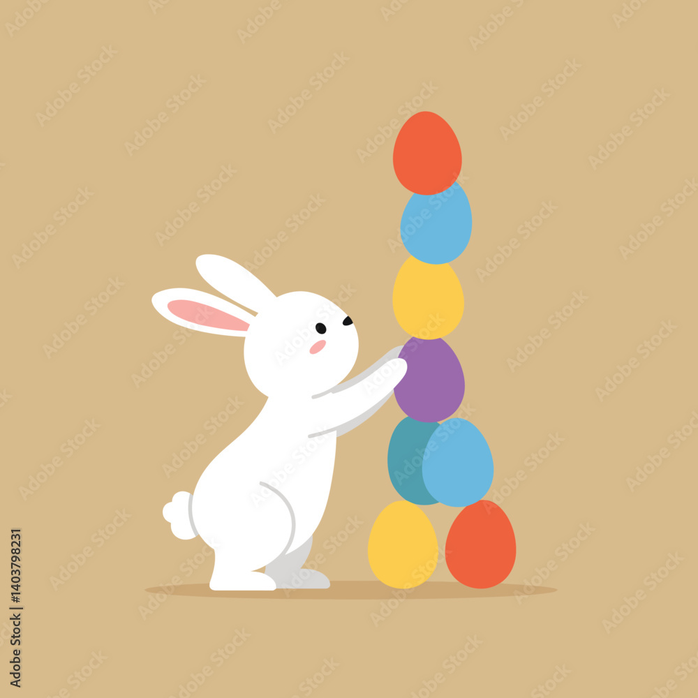 Poster cute rabbit stacking colorful eggs in flat design style vector art