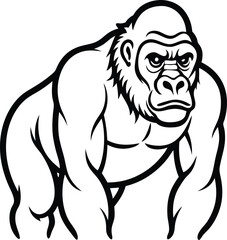Illustration of a Strong Gorilla Depicted in Black and White Outline

