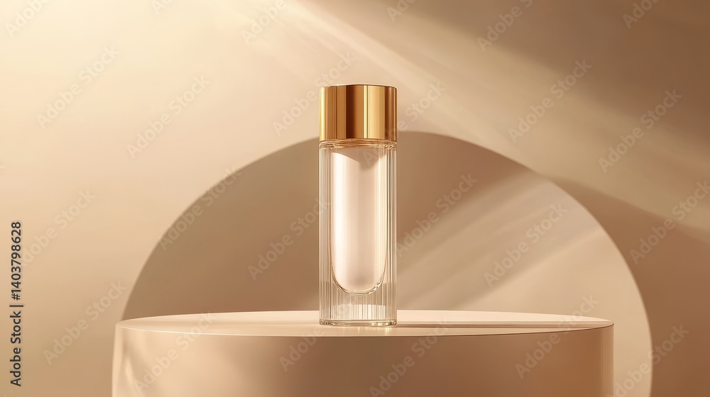 Poster elegant perfume bottle on a textured surface with soft sunlight illuminating its features in a seren
