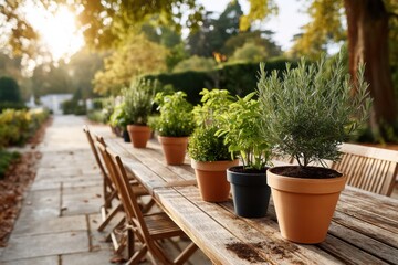 Fototapeta premium Herbs arranged on a wooden table in a sunlit garden during early evening hours