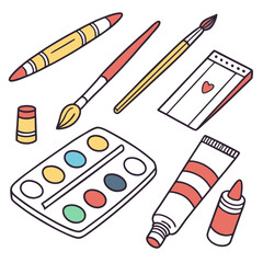 Painting tools elements vector set in cartoon style