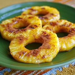 Delicious caramelized pineapple rings sprinkled with cinnamon on a green plate vibrant food photography