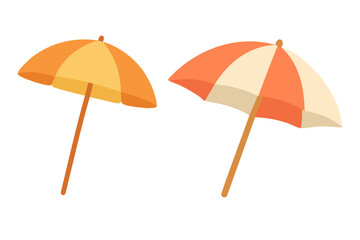 Flat cartoon illustration of cute beach umbrellas in warm summer colors with soft shading.