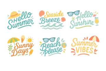 Fototapeten Set of hand drawn summer quotes with colorful elements in cartoon flat illustration style. © exxxistence