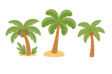 Cute cartoon set of tropical palm trees in flat style for beach, summer and travel themes.