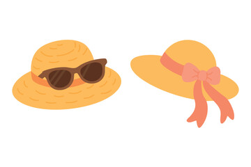 Cute cartoon set of summer hats with ribbon and sunglasses in flat colorful style.
