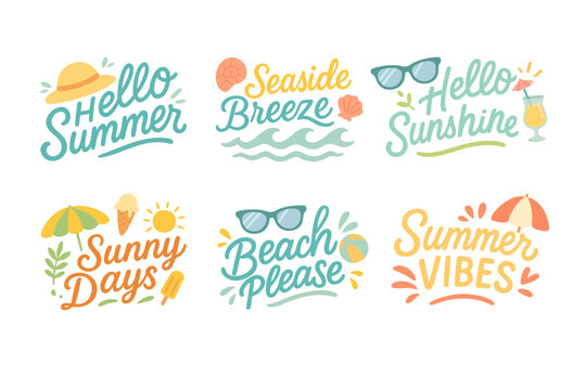 Set of hand drawn summer quotes with colorful elements in cartoon flat illustration style.
