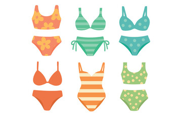 Flat cartoon set of colorful swimsuits and bikinis for summer vacation and beach design.