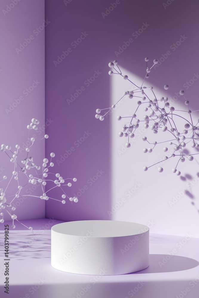 Poster elegant display of minimalistic design featuring a round pedestal and delicate white botanical eleme
