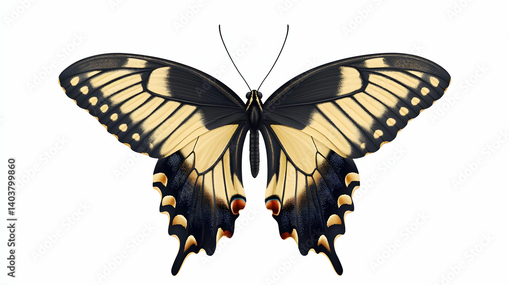 Poster detailed butterfly displaying yellow and black patterns with delicate wing structures against white 