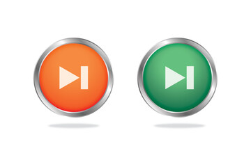 Set of orange and green circular media icons with play-forward and play-backward symbols, glossy 3D style.