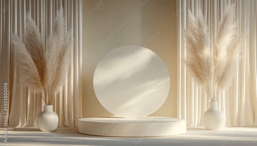 Poster interior design featuring minimalist decor with circular backdrop and pampas grass vases in a softly