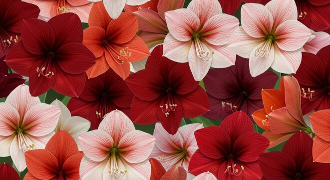 Amaryllis Blooms Pattern - Vibrant amaryllis flowers in a repeating pattern, symbolizing beauty, passion, determination, success, and holiday cheer
