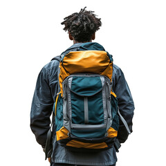 There Is A Man With A Backpack Standing In Front Of A White Background