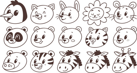 Cute doodle animal face line art.
Set with doodle face animals isolated on white background cute nursery collection illustration vector