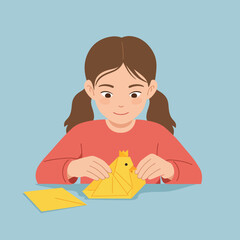 Child engaged in origami activity with detailed flat design vector art