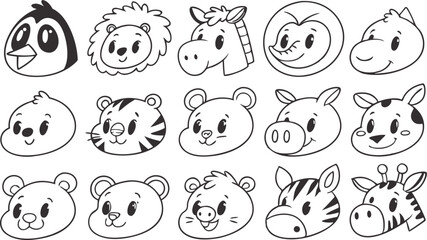 Fototapeta premium Cute doodle animal face line art. Set with doodle face animals isolated on white background cute nursery collection illustration vector