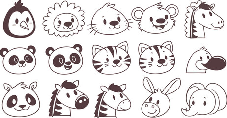 Cute doodle animal face line art.
Set with doodle face animals isolated on white background cute nursery collection illustration vector