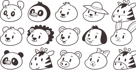 Cute doodle animal face line art.
Set with doodle face animals isolated on white background cute nursery collection illustration vector