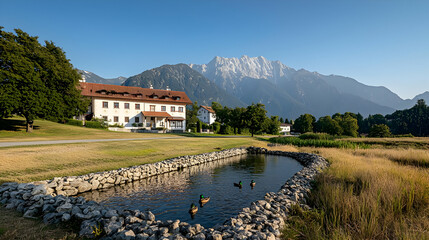 Idyllic Mountain Village Scene With Pond And Ducks