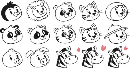 Cute doodle animal face line art.
Set with doodle face animals isolated on white background cute nursery collection illustration vector