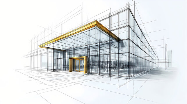 Modern glass building entrance with golden canopy, architectural sketch design
