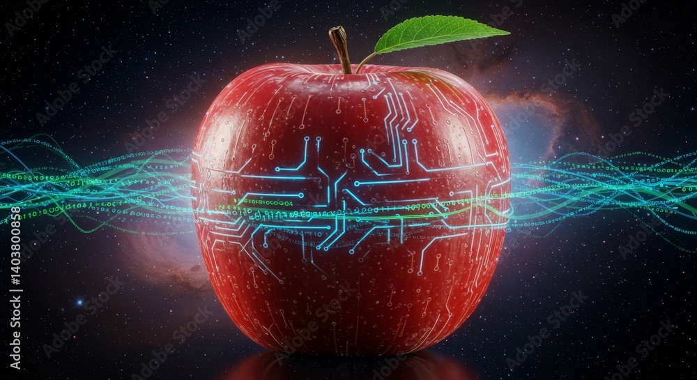 Poster apple in space - a red apple with glowing circuit board design, set against a dark space background 