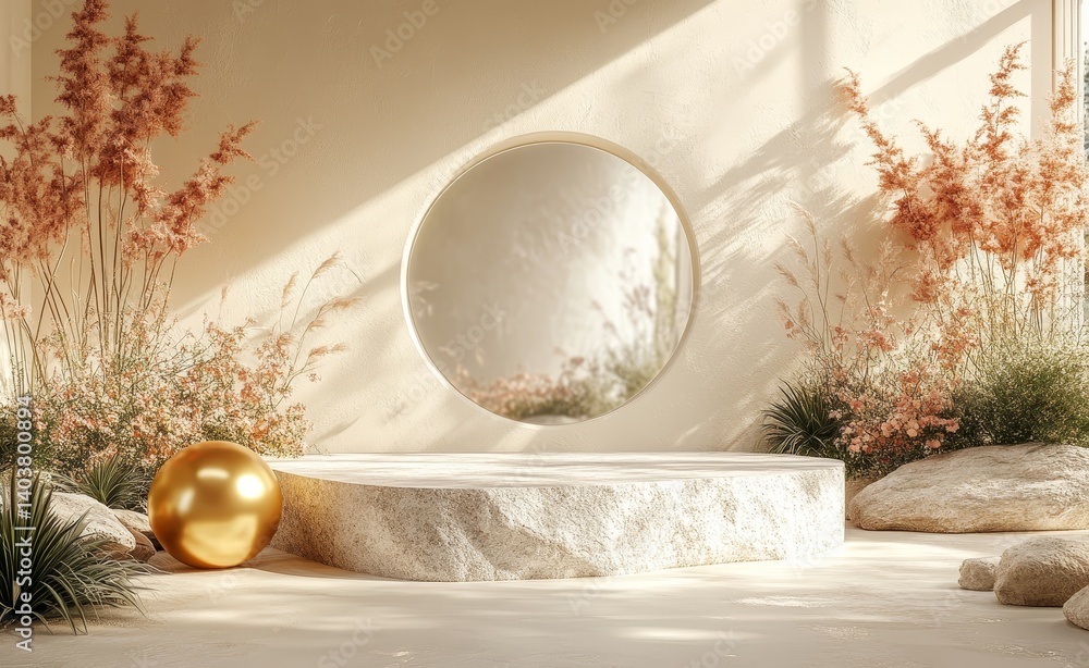 Aufkleber modern minimalist display with golden sphere and circular mirror in serene natural setting