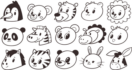 Obraz premium Cute doodle animal face line art. Set with doodle face animals isolated on white background cute nursery collection illustration vector