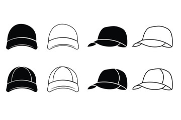 Baseball Hat Cap Clipart Set  Front and Side  Outline  Stamp Illustration Graphics  Sports Wear