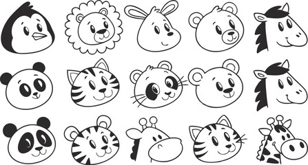 Cute doodle animal face line art.
Set with doodle face animals isolated on white background cute nursery collection illustration vector