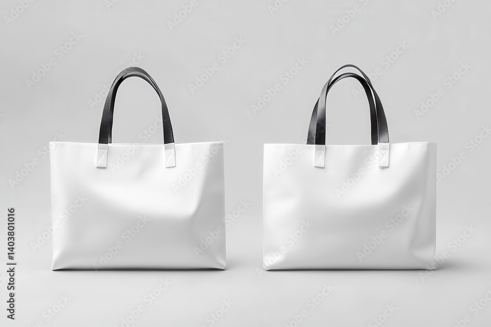 Poster two minimalist white tote bags with black handles on a soft gray background in a clean studio shot f