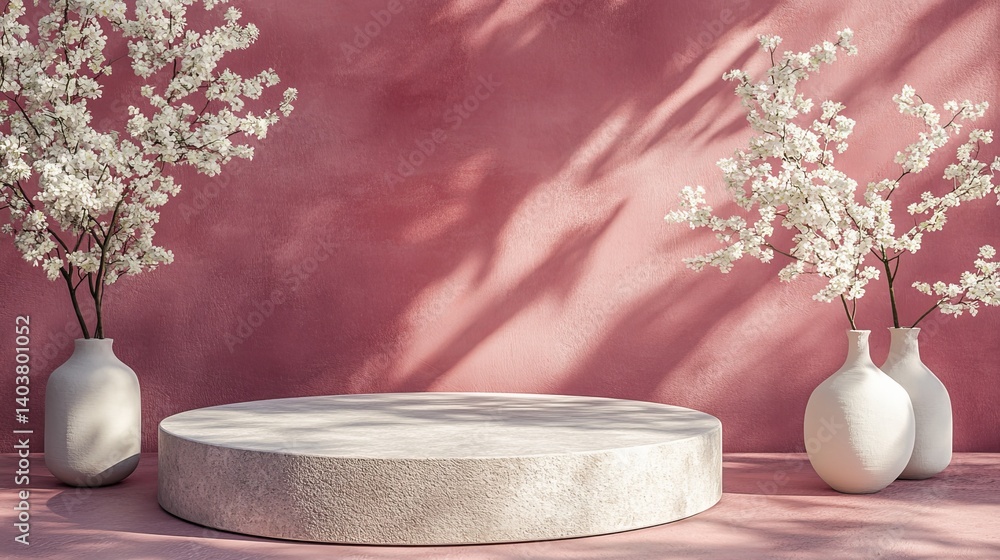 Poster soft pink background with round platform and elegant vases containing delicate white flowers in a se
