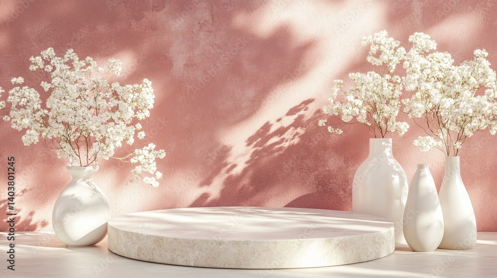 Poster soft pink background with round platform and elegant vases containing delicate white flowers in a se