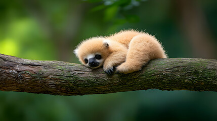 Obraz premium Golden Lemur Baby On Branch In Rainforest