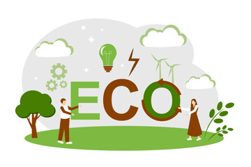 The concept of green energy, nature conservation and environmental problems. Man, Woman, Tree, Lightning, Light Bulb