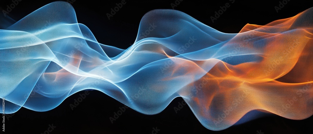 Poster abstract flowing energy wave design with vibrant blue and orange hues on a dark background creating 