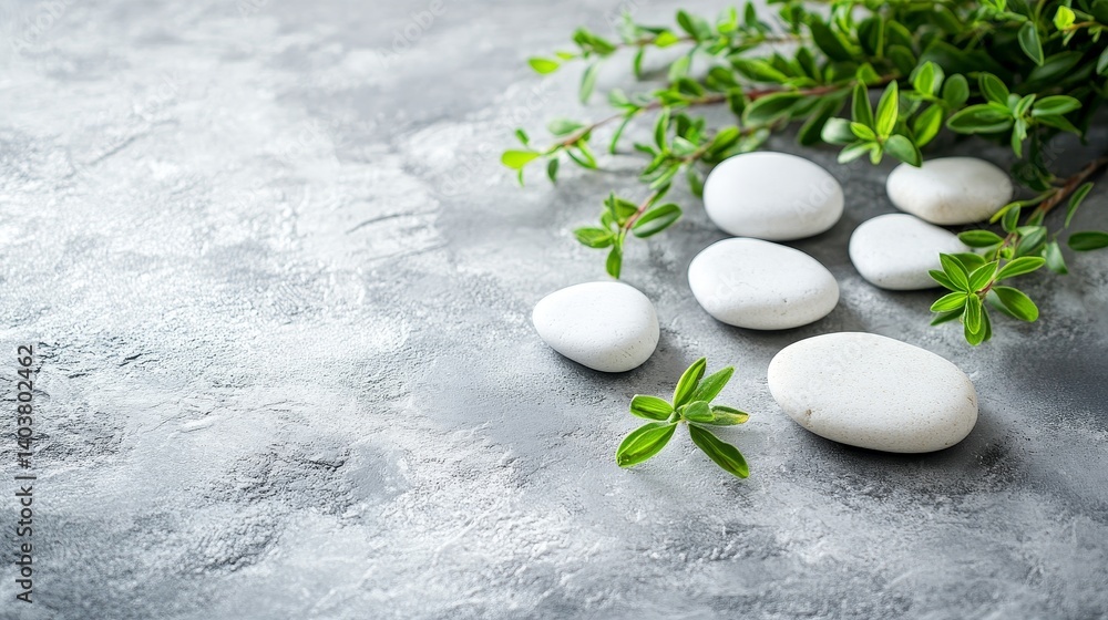 Poster natural elements combined with smooth white stones and green leaves create a calming and serene atmo