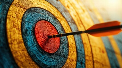 A single arrow precisely hits the bullseye of a worn wooden archery .