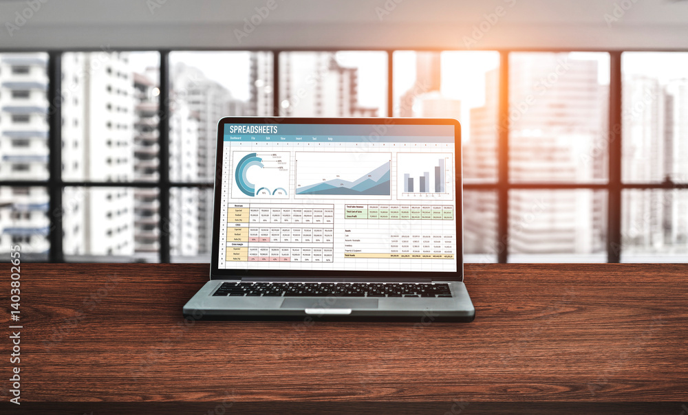 Poster spreadsheet document information financial startup concept. data and graphs in spreadsheet documents