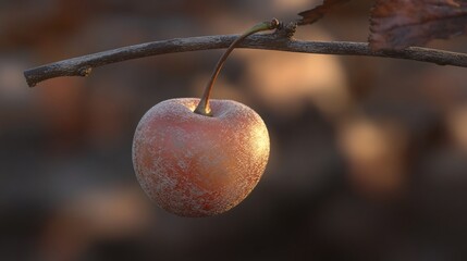 A single, frosted apple hangs from a branch