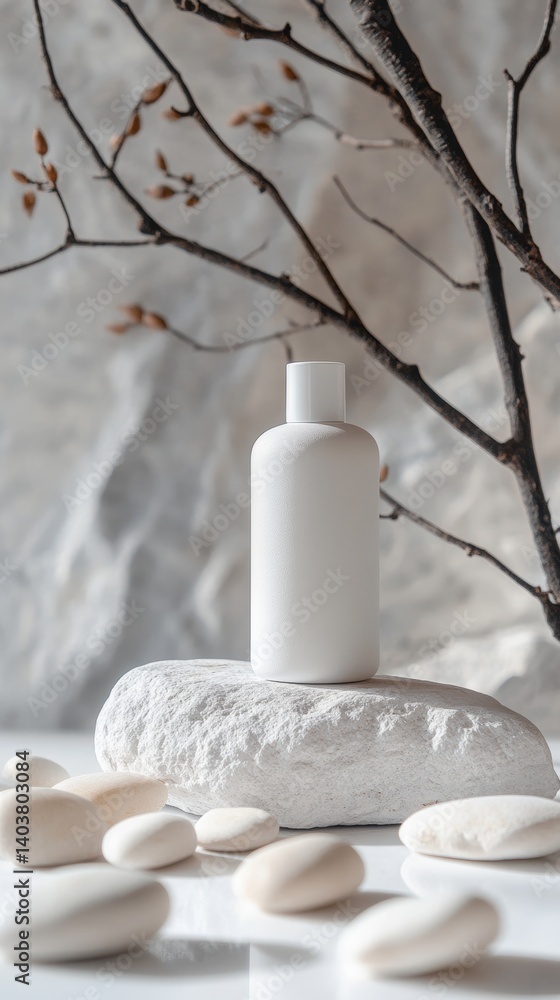 Poster minimalist display of a white bottle resting on a textured stone with soft pebbles and a delicate br