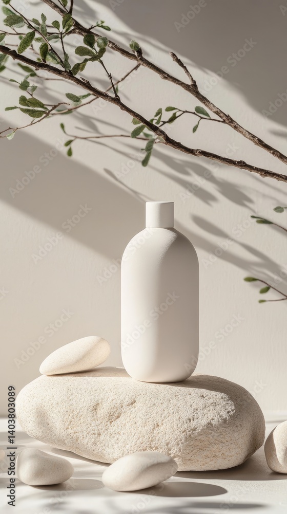 Poster minimalist display of a white bottle resting on a textured stone with soft pebbles and a delicate br